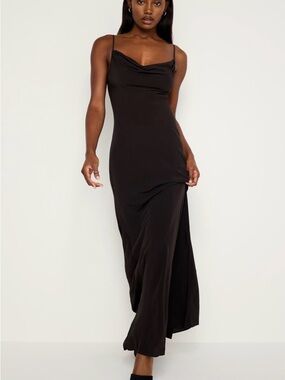 Good American Black Cowl Neck Bias Cut Slip Maxi Dress